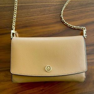 Tory Burch Brown crossbody with gold chain purse bag wallet Tan